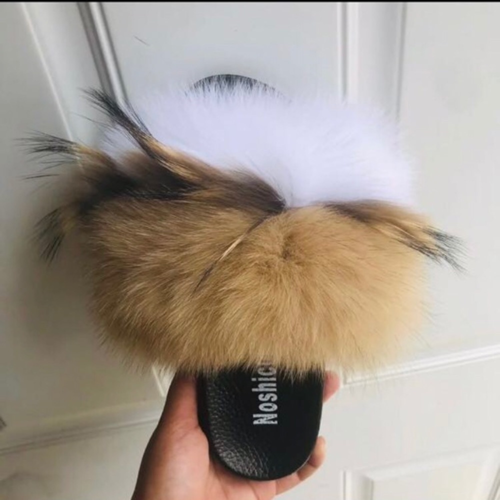 Real Raccoon furWhite & brown slides